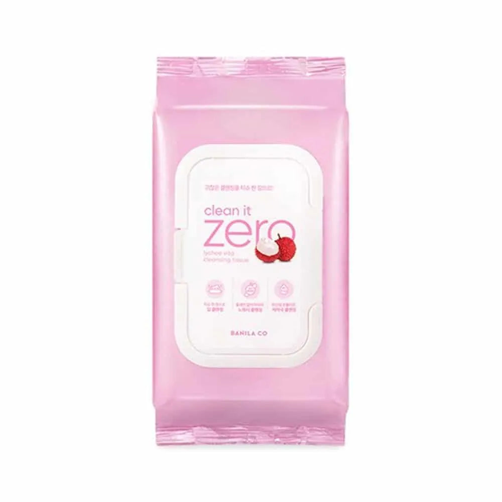 ProtoClinical k-beauty BANILA CO Clean It Zero Lychee Vita Cleansing Tissue 30 Sheets single cleansing tissue pack shown front-facing in a square packshot on a clean white background