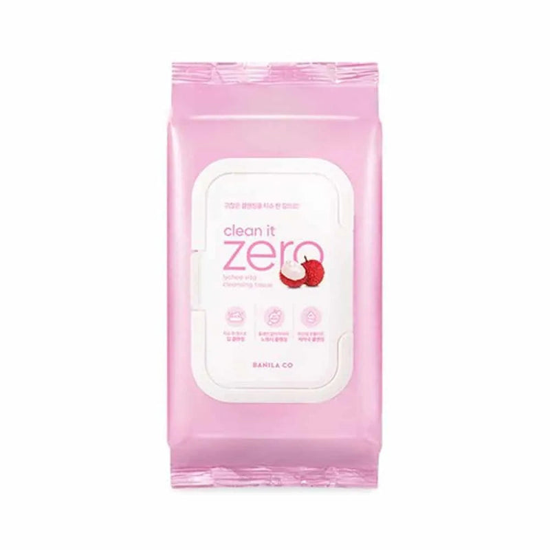 ProtoClinical k-beauty BANILA CO Clean It Zero Lychee Vita Cleansing Tissue 30 Sheets single cleansing tissue pack shown front-facing in a square packshot on a clean white background