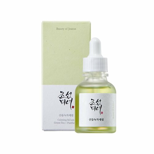 ProtoClinical k-beauty [Beauty of Joseon] Calming Serum Green Tea + Panthenol 30ml single upright pale green serum bottle centered on a light background.