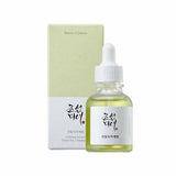 ProtoClinical k-beauty [Beauty of Joseon] Calming Serum Green Tea + Panthenol 30ml single upright pale green serum bottle centered on a light background.