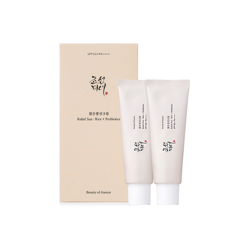 ProtoClinical k-beauty [Beauty of Joseon] Relief Sun: Rice + Probiotics (SPF50+ PA++++) Double Pack 50ml X 2ea single upright rectangular double-pack box centered on a light background.