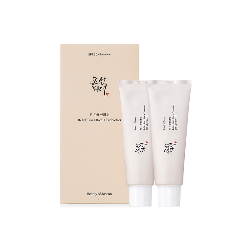ProtoClinical k-beauty [Beauty of Joseon] Relief Sun: Rice + Probiotics (SPF50+ PA++++) Double Pack 50ml X 2ea single upright rectangular double-pack box centered on a light background.