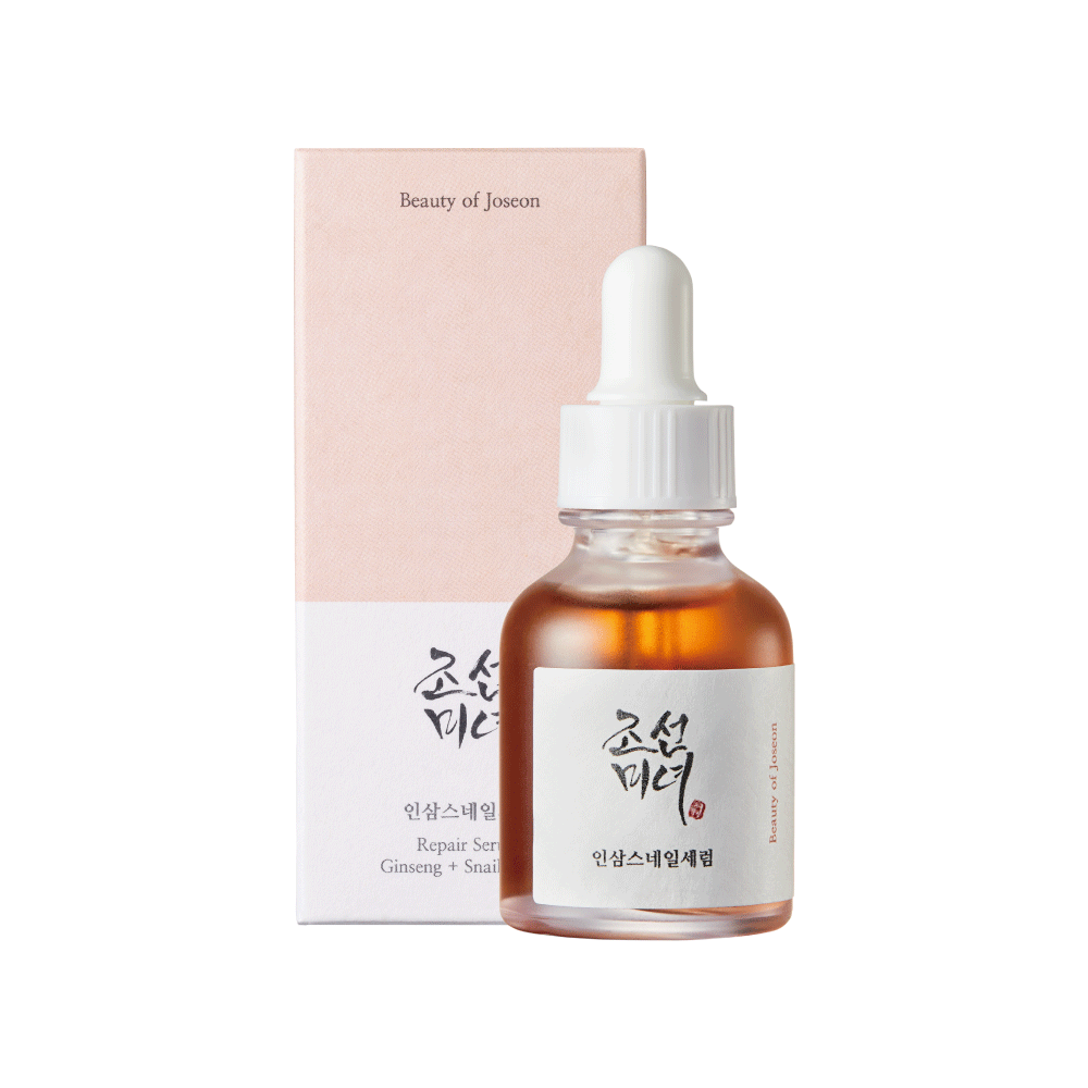 ProtoClinical k-beauty [Beauty of Joseon] Revive Serum: Ginseng + Snail Mucin 30ml single upright warm brown serum bottle centered on a white background with soft blush side shading