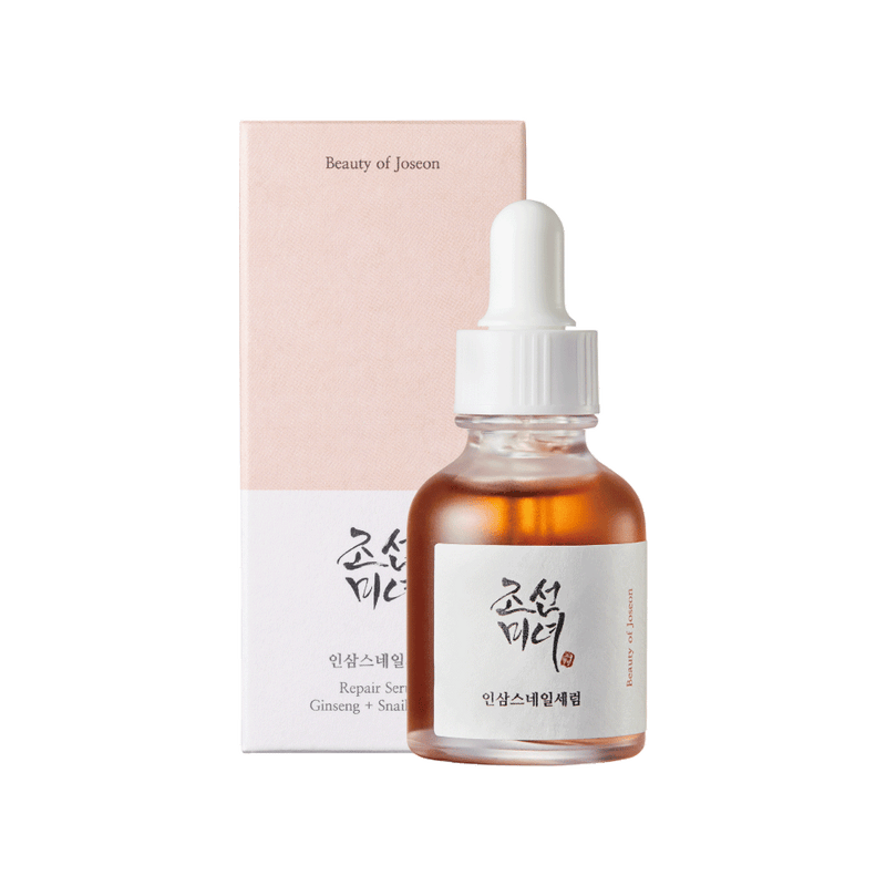 ProtoClinical k-beauty [Beauty of Joseon] Revive Serum: Ginseng + Snail Mucin 30ml single upright warm brown serum bottle centered on a white background with soft blush side shading