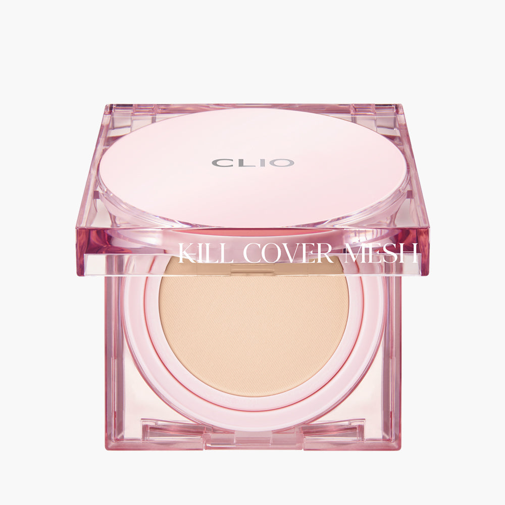 ProtoClinical k-beauty CLIO Kill Cover Mesh Glow Cushion Set (+Refill) 15g X 2ea (3 Colors) cushion compact set packaging with refill box on a clean white background