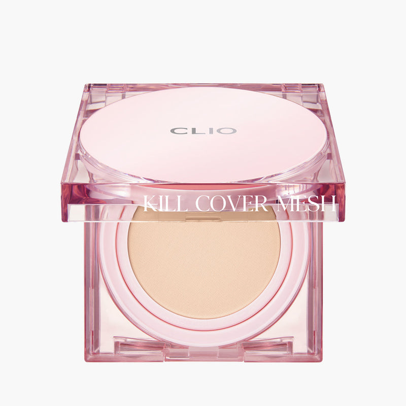 ProtoClinical k-beauty CLIO Kill Cover Mesh Glow Cushion Set (+Refill) 15g X 2ea (3 Colors) cushion compact set packaging with refill box on a clean white background