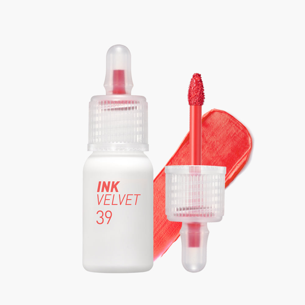 ProtoClinical k-beauty peripera Ink Airy Velvet 4g (NEW #35~#39) two upright lip tint package silhouettes with a slim peach tube beside a taller brown rectangular box on a pale blue and white background