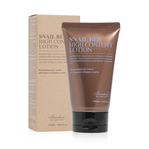 ProtoClinical k-beauty Benton Snail Bee High Content Lotion 120ml single upright dark brown lotion bottle centered on a pale peach background