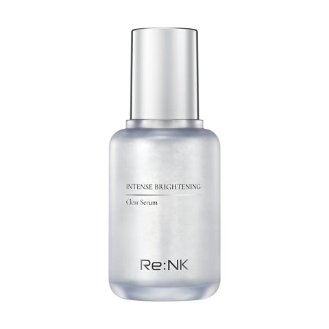ProtoClinical k-beauty Re:NK INTENSE BRIGHTENING CLEAR SERUM 40ml beauty product silhouette with a soft gray center and warm pink side tones on a light background.