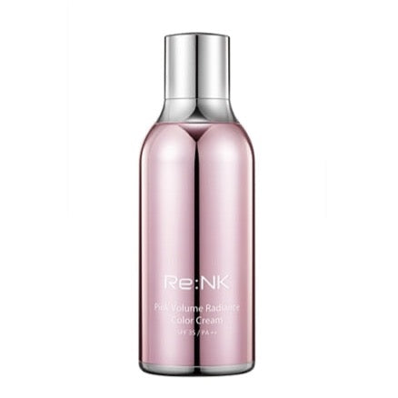 ProtoClinical k-beauty Re:NK PINK VOLUME RADIANCE COLOR CREAM 30ml beauty product silhouette with a soft taupe-lavender vertical center on a light background.