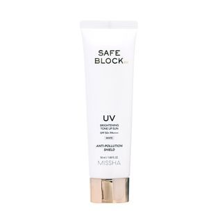 ProtoClinical k-beauty MISSHA Safe Block RX Brightening Tone Up SPF50+/PA++++ 50ml single front-facing tone-up sunscreen tube on a white background.