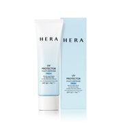 ProtoClinical k-beauty HERA UV PROTECTOR MULTI-DEFENSE FRESH SPF50+/PA++++ 50ml light blue sunscreen tube on a light background.