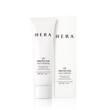 ProtoClinical k-beauty HERA UV PROTECTOR MULTI-DEFENSE SPF50+ / PA++++ 50ml beige sunscreen tube on a light background.