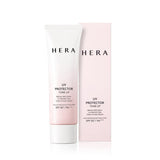 ProtoClinical k-beauty HERA UV PROTECTOR TONE-UP SPF50+ / PA++++ 50ml soft pink sunscreen tube on a light background.