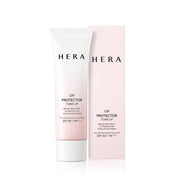 ProtoClinical k-beauty HERA UV PROTECTOR TONE-UP SPF50+ / PA++++ 50ml soft pink sunscreen tube on a light background.