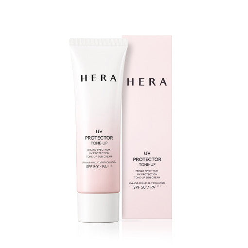 ProtoClinical k-beauty HERA UV PROTECTOR TONE-UP SPF50+ / PA++++ 50ml soft pink sunscreen tube on a light background.