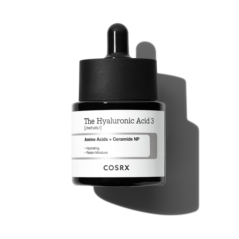 ProtoClinical k-beauty COSRX The Hyaluronic Acid 3 Serum 20ml single centered serum bottle on a white background with dark gray packaging