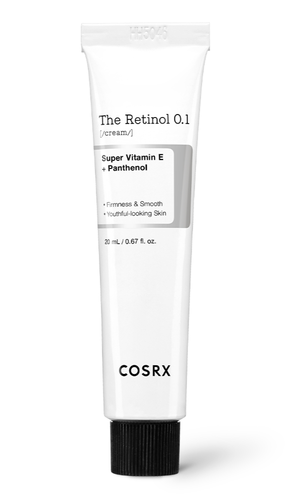 ProtoClinical k-beauty COSRX The Retinol 0.1 Cream 20ml single upright cream tube centered on a white background with pale beige tones