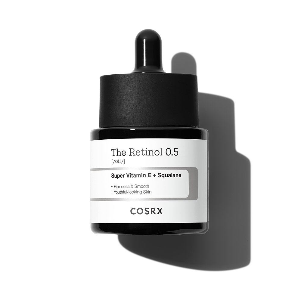 ProtoClinical k-beauty COSRX The Retinol 0.5 Oil 20ml single centered oil bottle on a white background with dark gray packaging