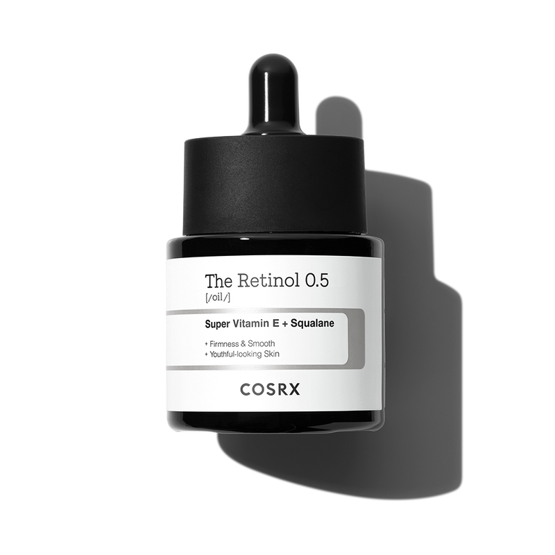 ProtoClinical k-beauty COSRX The Retinol 0.5 Oil 20ml single centered oil bottle on a white background with dark gray packaging