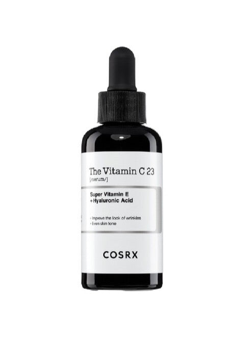 ProtoClinical k-beauty COSRX The Vitamin C 23 Serum 20ml single centered serum bottle on a white background with a dark cap and soft gray shadow