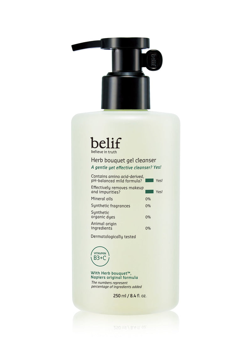 ProtoClinical k-beauty belif Herb Bouquet Gel Cleanser 250ml shown as a tall olive cleanser bottle on a clean light background.