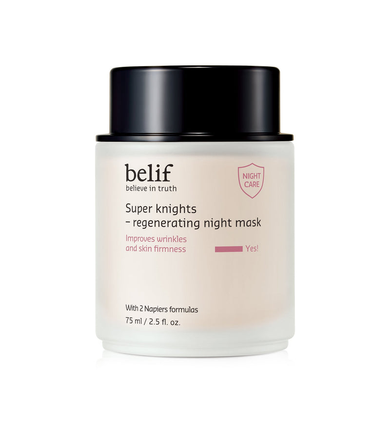 ProtoClinical k-beauty belif Super Knights Regenerating Night Mask 75ml tall mask product shot with pale neutral packaging on a white background