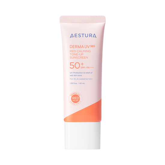 ProtoClinical k-beauty AESTURA Derma UV 365 Red Calming Tone-up Sunscreen 40ml centered pink and white product layout in a square crop on a light background.