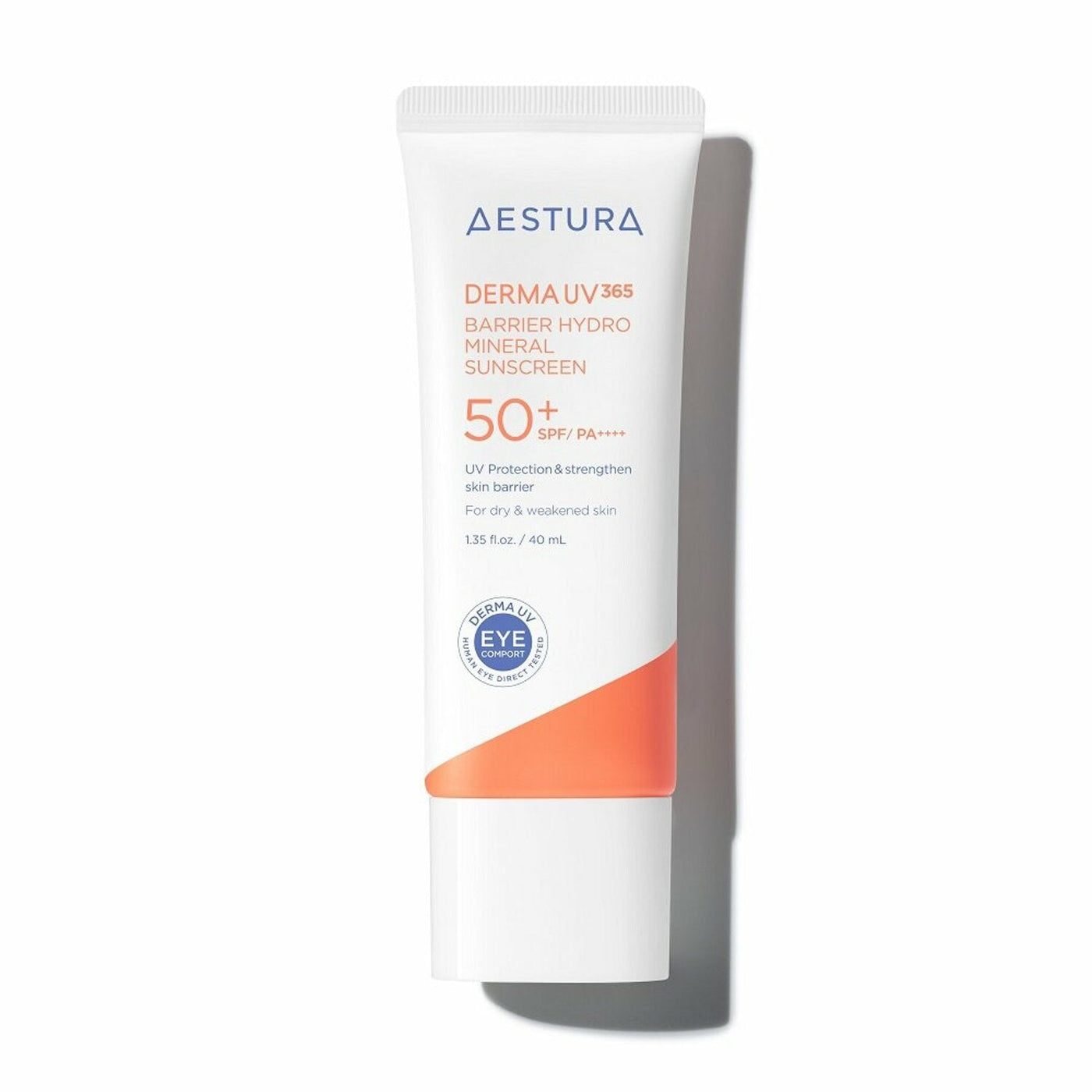 AESTURA DERMA UV365 BARRIER HYDRO MINERAL SUNSCREEN 40ml by ProtoClinical shown in a front-facing sunscreen packshot on a white background, highlighting clean k-beauty skincare packaging.