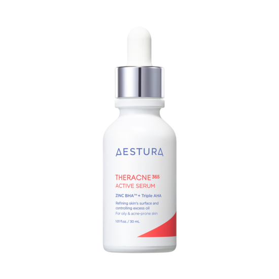 ProtoClinical k-beauty AESTURA Theracne 365 Active Serum 30ml single white dropper serum bottle centered in a square product shot on a light background