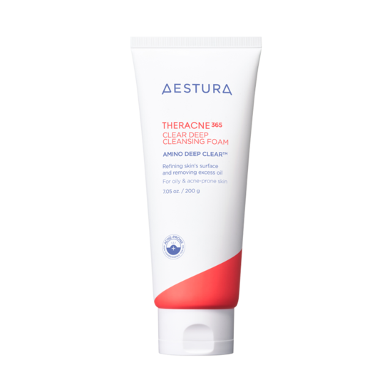 ProtoClinical k-beauty AESTURA THERACNE 365 CLEAR DEEP CLEANSING FOAM 200g centered pink and white product layout in a square crop on a light background.