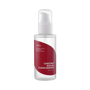 ProtoClinical k-beauty Isntree Chestnut AHA 8% Clear Essence 100ml shown as a single slim dark bottle centered upright with soft beige side accents on a white background
