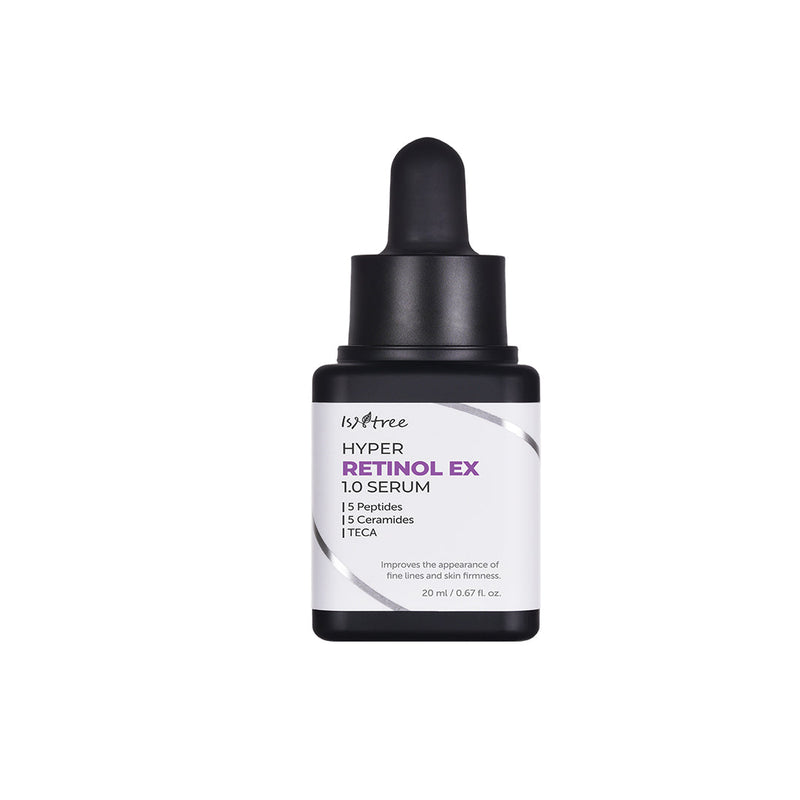 ProtoClinical k-beauty Isntree Hyper Retinol EX1.0 Serum 20ml shown as a single slim gray bottle centered upright with soft side accents on a white background