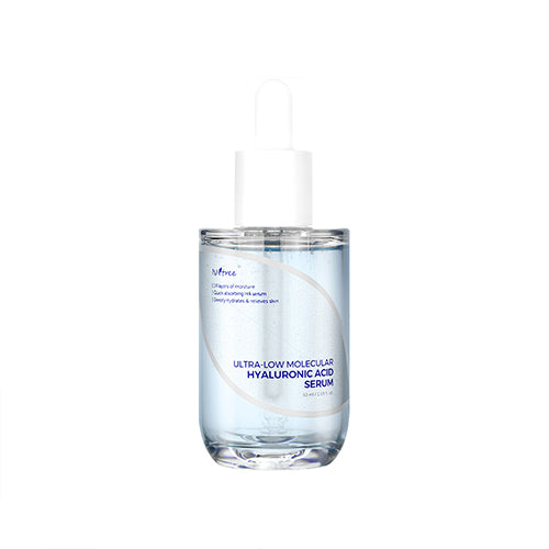 ProtoClinical k-beauty Isntree Ultra-Low Molecular Hyaluronic Acid Serum 50ml shown as a single pale blue bottle centered upright with soft side accents on a white background