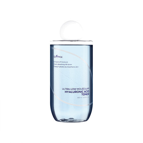 ProtoClinical k-beauty Isntree Ultra-Low Molecular Hyaluronic Acid Toner 300ml shown as a single aqua bottle centered upright with coral side panels on a white background