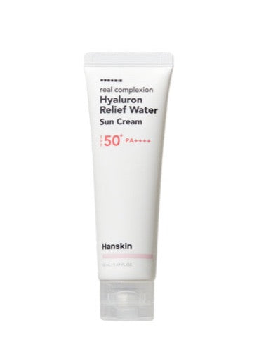 ProtoClinical k-beauty Hanskin Hyaluron Relief Water Sun Cream 50ml SPF50+ PA++++ single front-facing sunscreen tube on a white background.