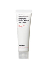 ProtoClinical k-beauty Hanskin Hyaluron Relief Water Sun Cream 50ml SPF50+ PA++++ single front-facing sunscreen tube on a white background.