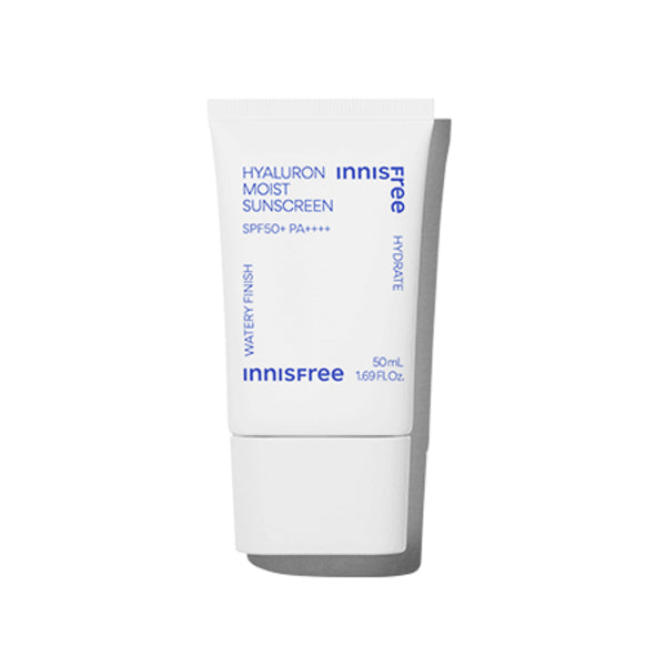 ProtoClinical k-beauty innisfree Hyaluron Moist Sunscreen 50ml SPF50+ PA++++ single front-facing sunscreen tube on a white background.