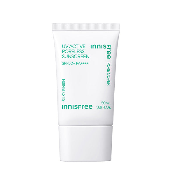 ProtoClinical k-beauty innisfree UV Active Poreless Sunscreen 50ml SPF50+ PA++++ single front-facing sunscreen tube on a white background.