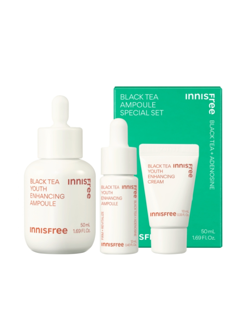 ProtoClinical k-beauty Innisfree Black Tea Youth Enhancing Ampoule Special Set banner graphic with a mint green center and soft pink accents on a light background