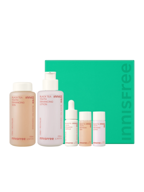 ProtoClinical k-beauty Innisfree Black Tea Youth Enhancing Skincare Set banner graphic with a green center and soft pink accents on a light background
