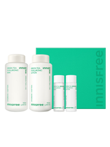 ProtoClinical k-beauty Innisfree Green Tea Hyaluronic Skincare Set banner graphic with a mint green center and soft pink corners on a light background