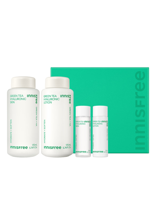 ProtoClinical k-beauty Innisfree Green Tea Hyaluronic Skincare Set banner graphic with a mint green center and soft pink corners on a light background