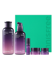 ProtoClinical k-beauty Innisfree Perfect 9 Intensive Skincare Set banner graphic with a dark teal center, soft pink corners, and a light background
