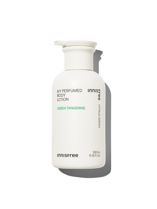ProtoClinical k-beauty innisfree My Perfumed Body Lotion 330ml (3-Type) single upright lotion bottle with a pale body and a darker gray base on a light background