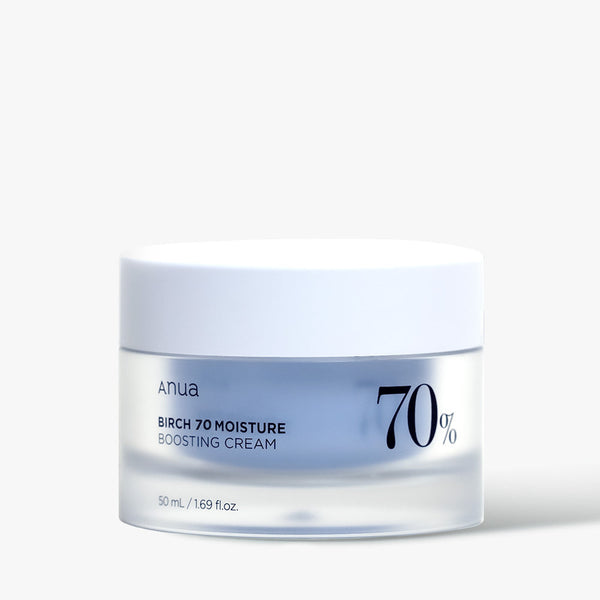 ProtoClinical k-beauty Anua Birch 70 Moisture Boosting Cream 50ml single wide pale blue-gray cream container centered low on a light cream background
