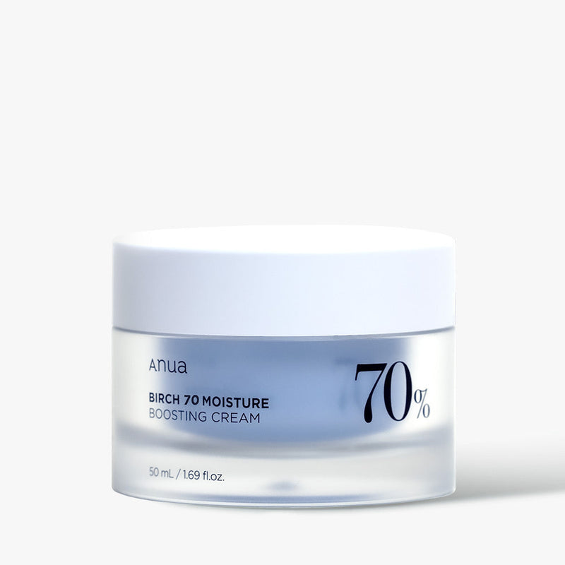 ProtoClinical k-beauty Anua Birch 70 Moisture Boosting Cream 50ml single wide pale blue-gray cream container centered low on a light cream background