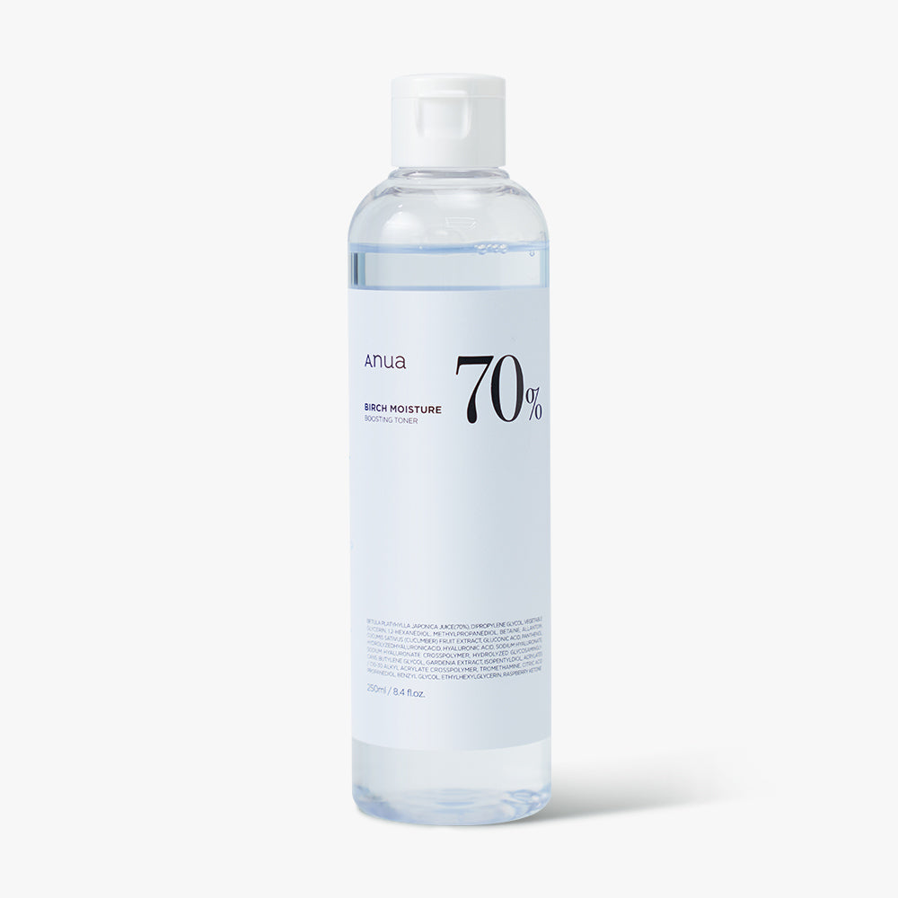 ProtoClinical k-beauty Anua Birch 70 Moisture Boosting Toner 250ml single upright pale blue-gray toner bottle centered on a white background