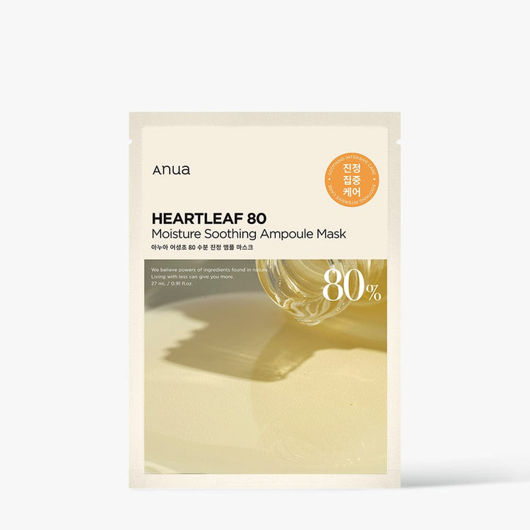 ProtoClinical k-beauty Anua HEARTLEAF 80 MOISTURE SOOTHING AMPOULE MASK 27ml X 10ea single sheet mask pack on a light background