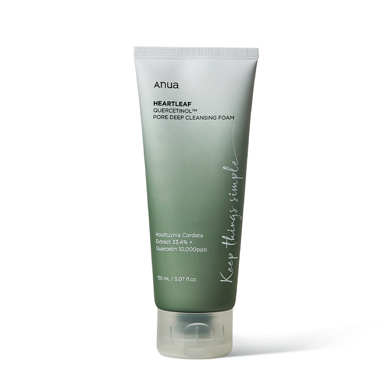 ProtoClinical k-beauty Anua HEARTLEAF QUERCETINOL PORE DEEP CLEANSING FOAM 150ml single upright green cleansing foam package centered on a light background with soft peach side accents.